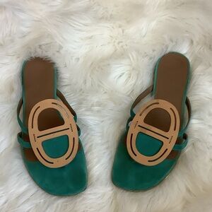 Hermes Teal and Tan Sandals